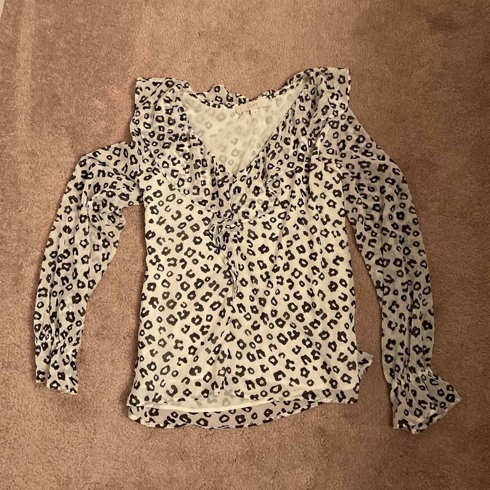 Loft, animal print long sleeve blouse, small, black/white